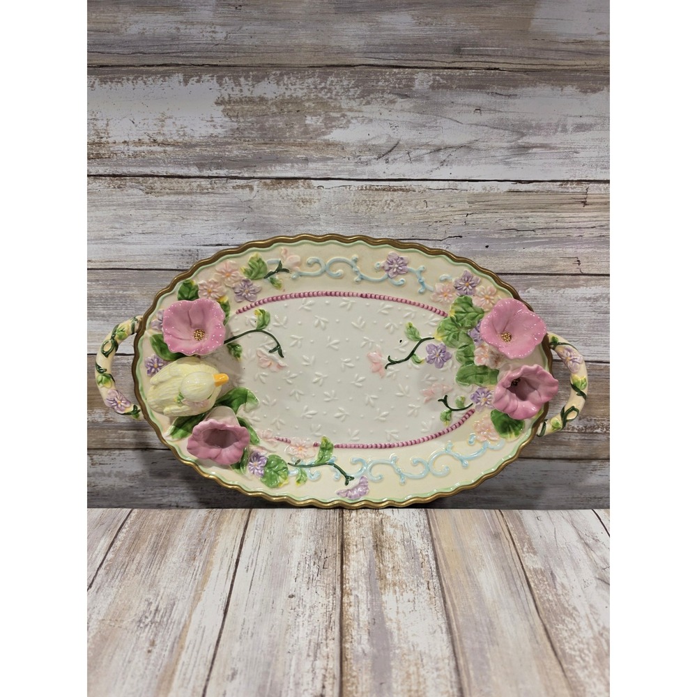 Avon China 14" Oval Serving Tray Bird Pink Morning Glory Floral Gold Rim Platter